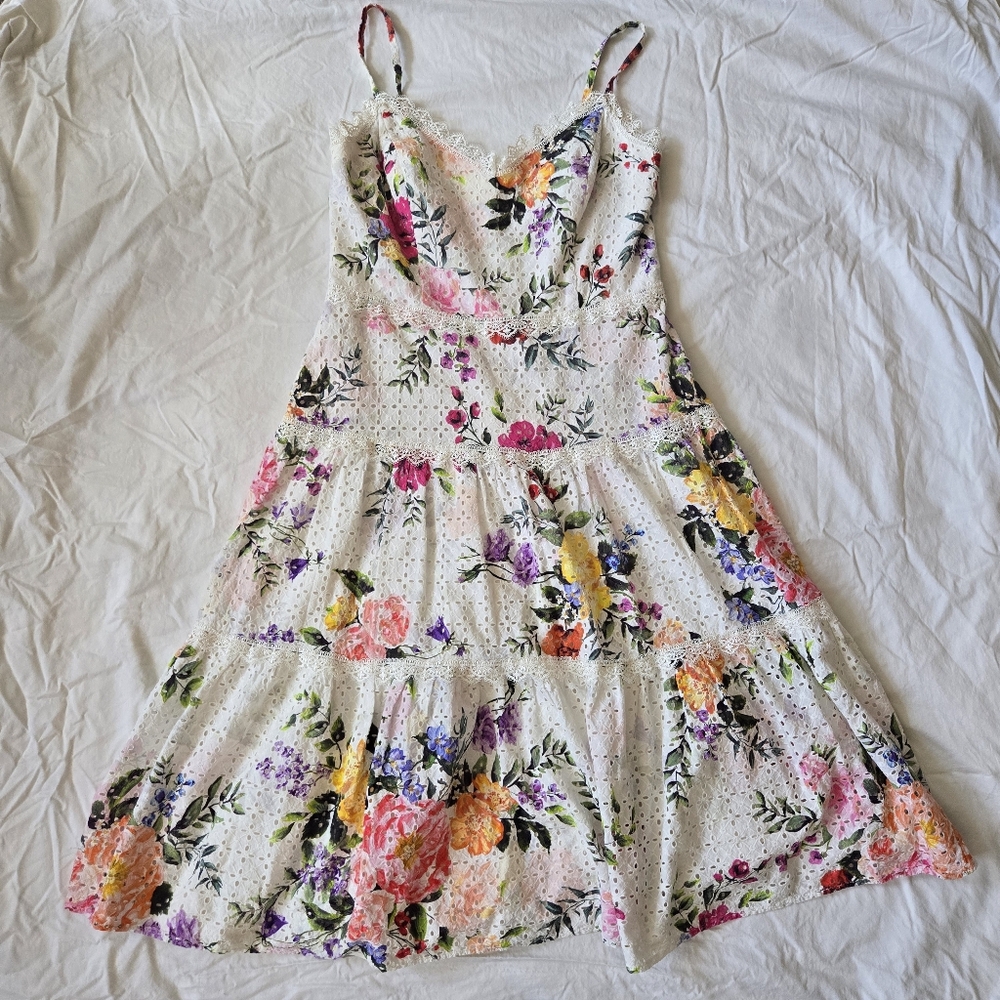 Marchessa Notte Floral Midi Dress White with pink floral sz 12